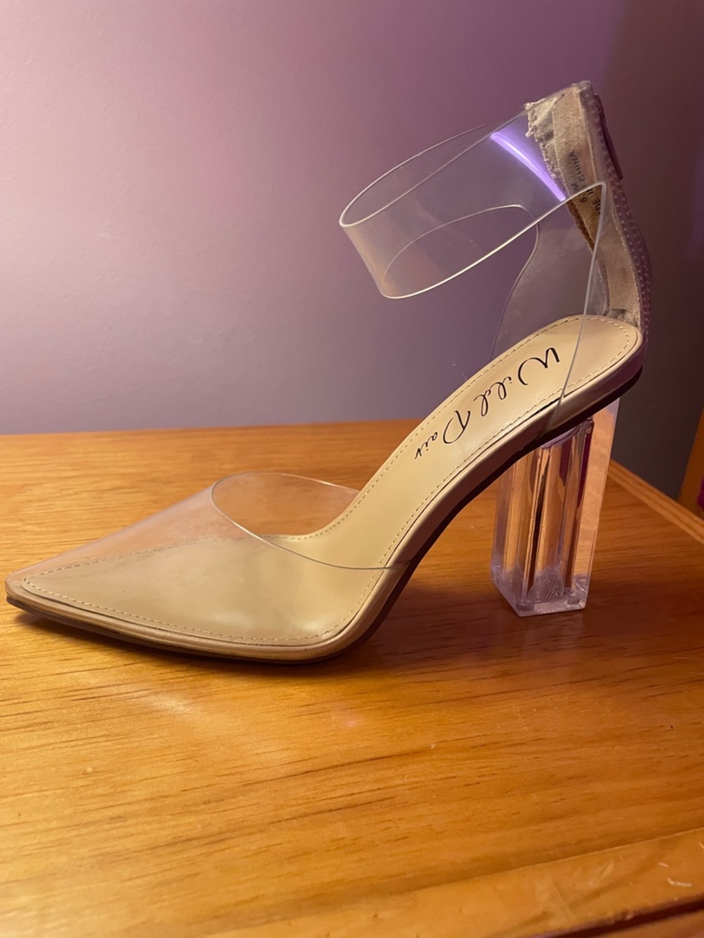 Wild Pair Clear Strap Pointed Pump in Beige with Clear Block Heel